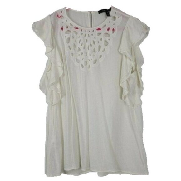 BCBGMaxazria Womens BOHO Top Medium White Ruffle Sleeve Embroidered Cottagecore - Picture 1 of 9